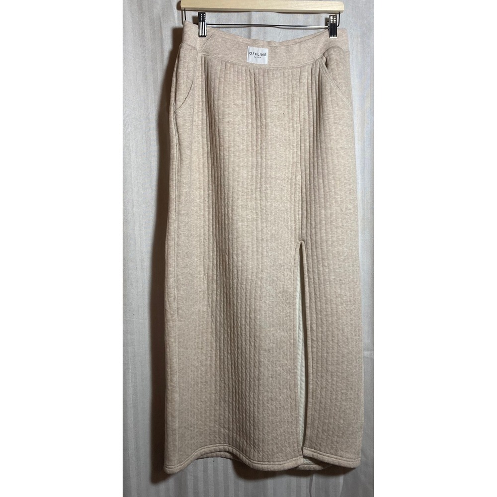 OFFLINE by Aerie Quilted Maxi Skirt Oatmeal Heather Slit Pockets L Sporty Cozy